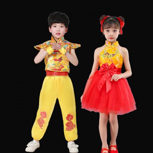 Children Chinese folk dance costumes China gold dragon drumming  performance clothes waist drum team  rap Chinese red dance martial arts suit for boys girls yangko dance wear